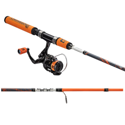 Fishing rod and reel set with orange and black design on a white background