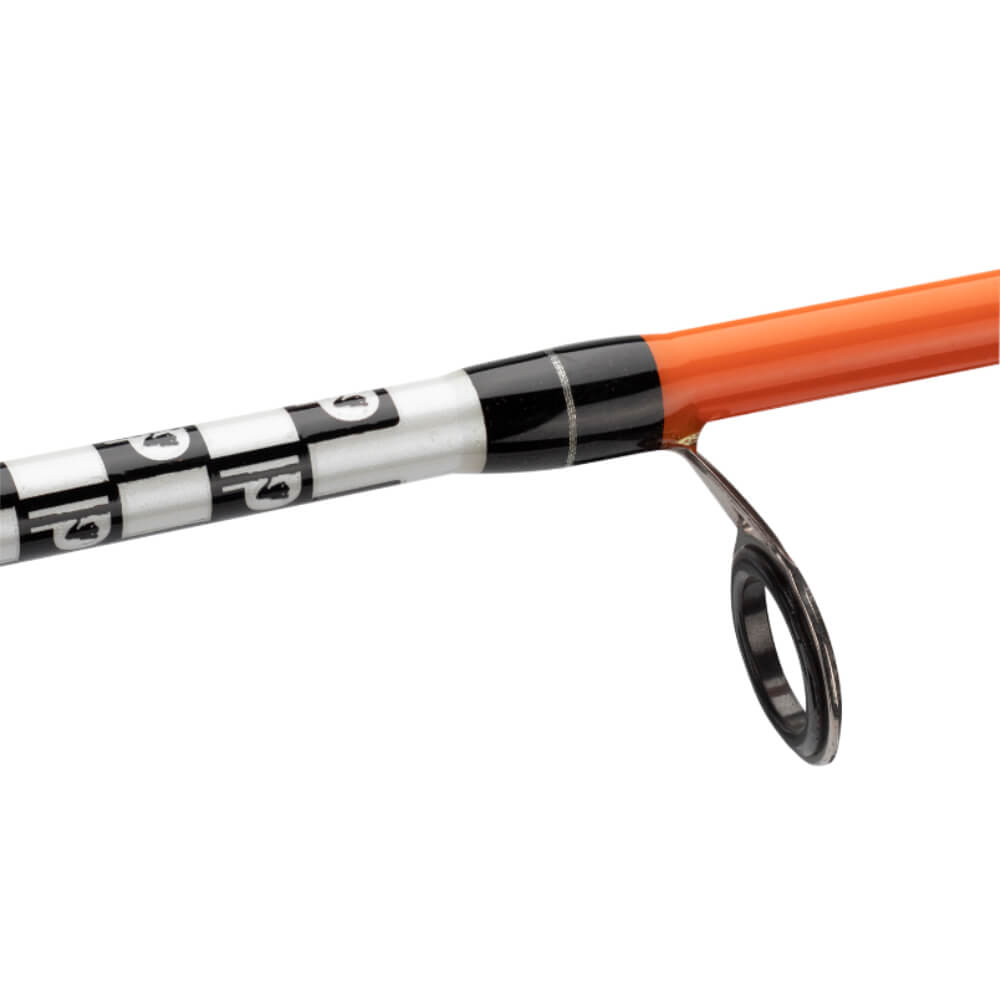 Close-up of a fishing rod handle with black, white, and orange design on a white background