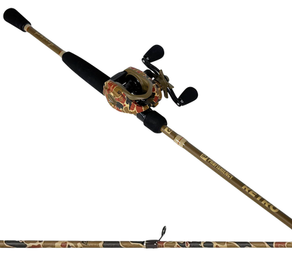 Fishing rod and reel set with camouflage pattern on a white background