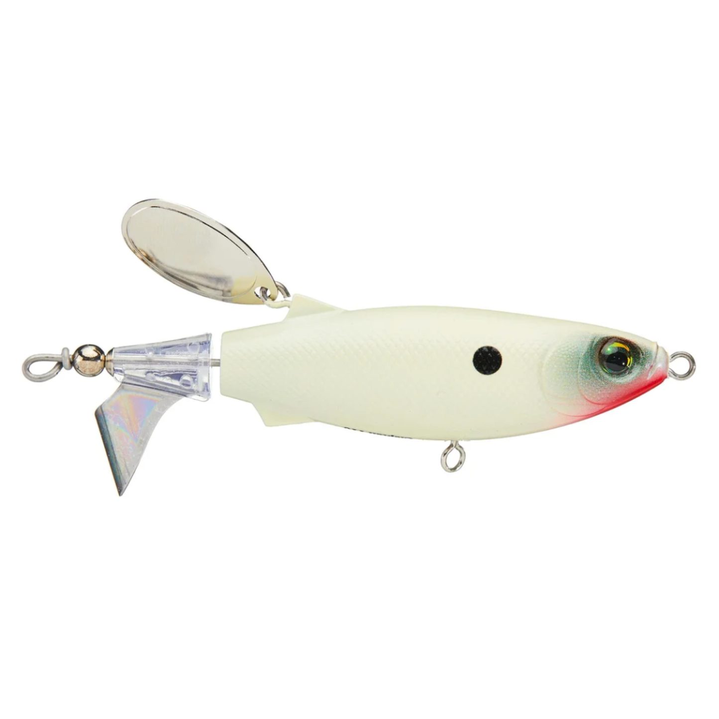 Fishing lure with a white body and red and yellow accents on a white background
