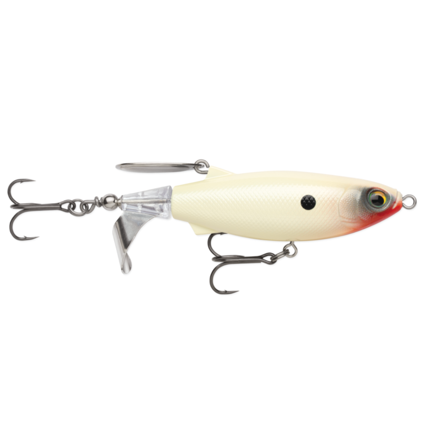 Fishing lure with a white body and red-orange tip on a white background