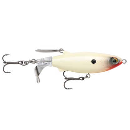 Fishing lure with a white body and red-orange tip on a white background