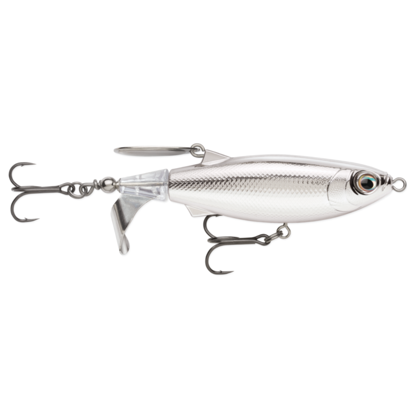 Metallic silver fishing lure on a white background