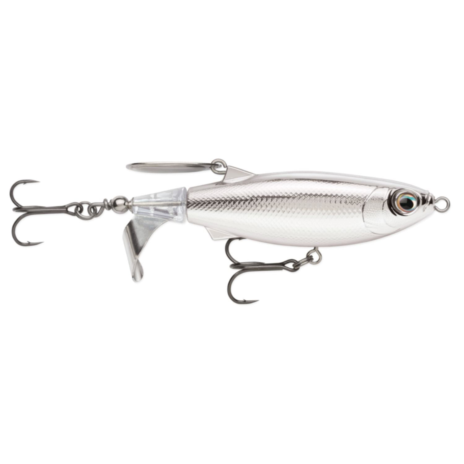 Metallic silver fishing lure on a white background