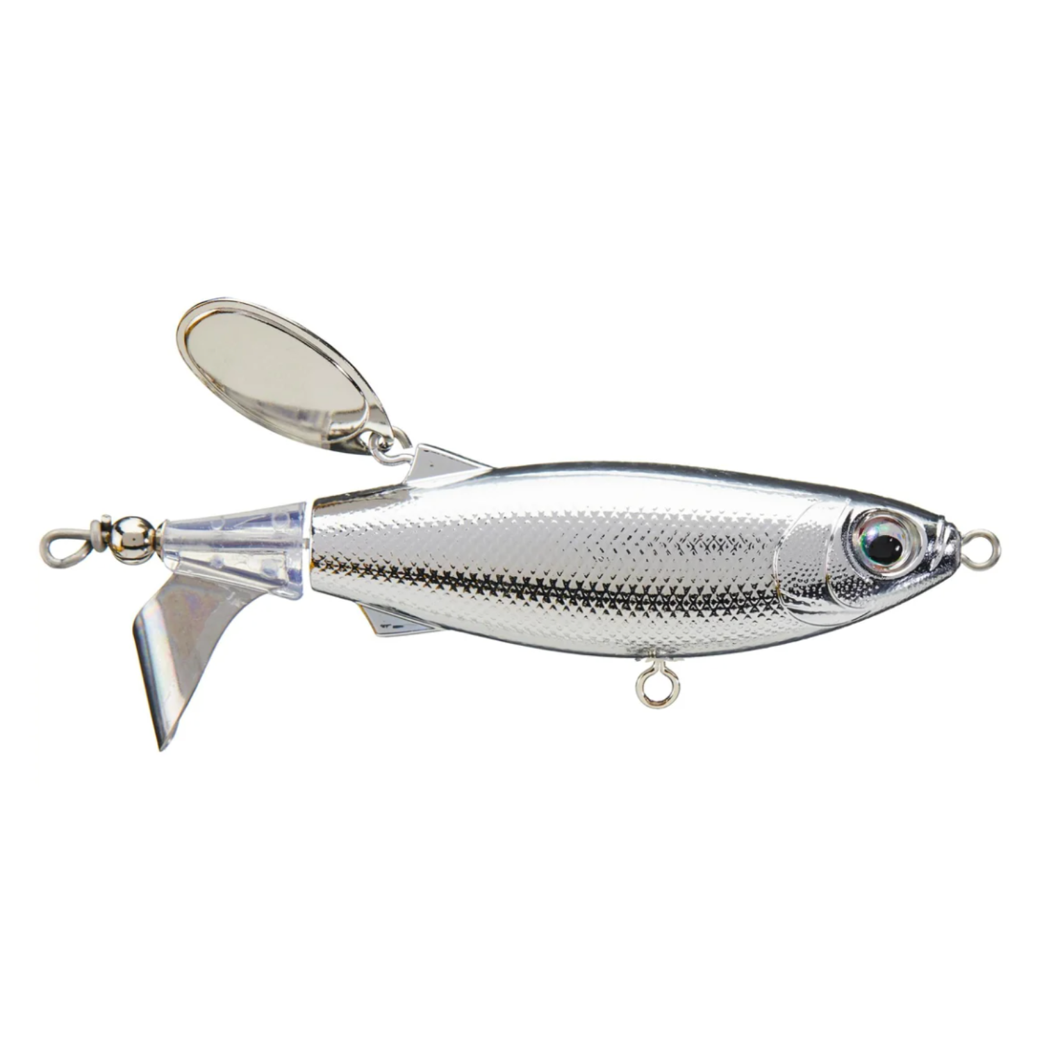 Metallic fishing lure on a white background