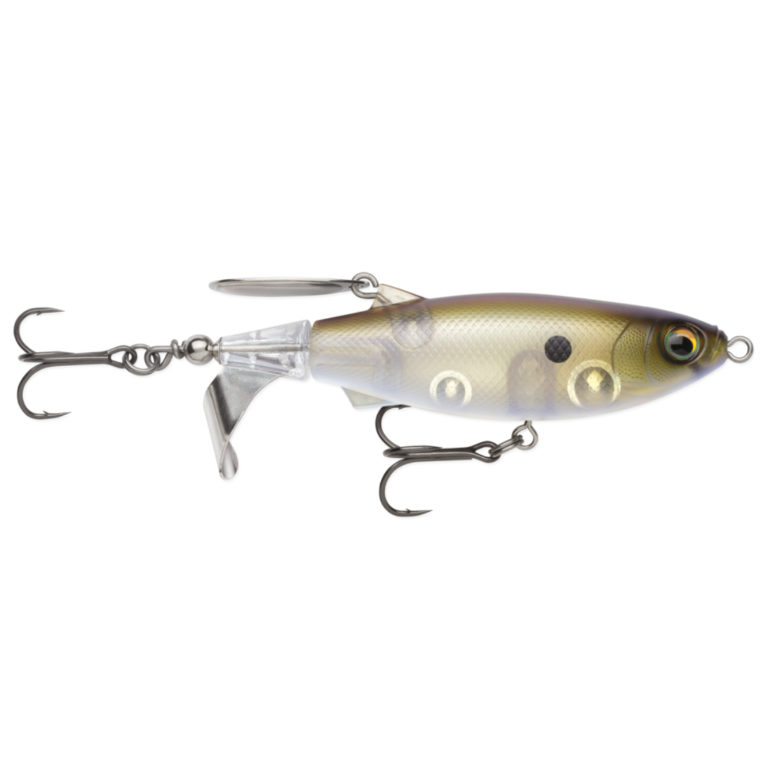 Fishing lure with a white and brown body on a white background