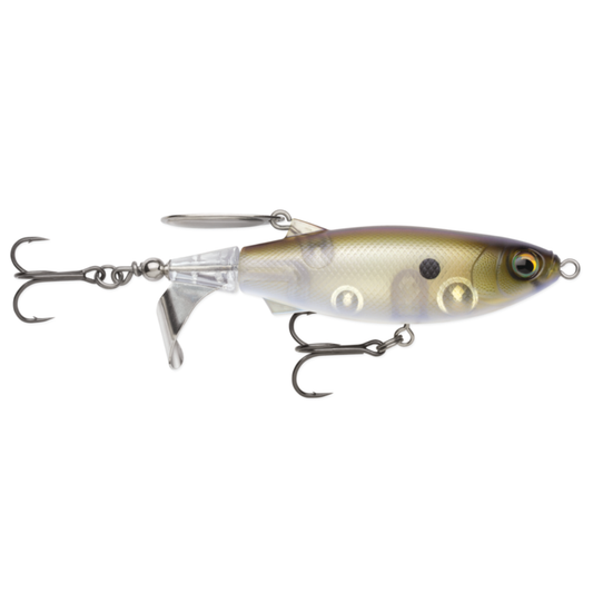Fishing lure with a white and brown body on a white background