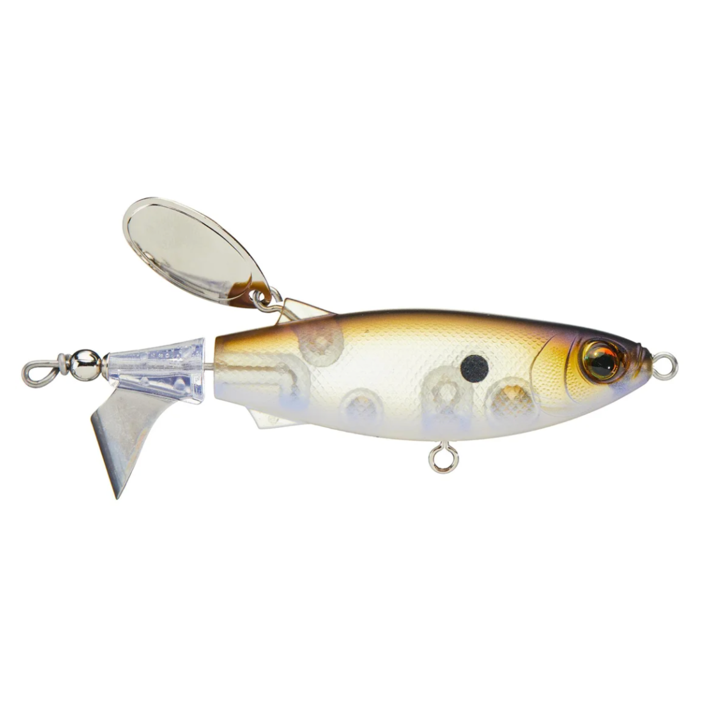 Fishing lure with a white and gold body on a white background