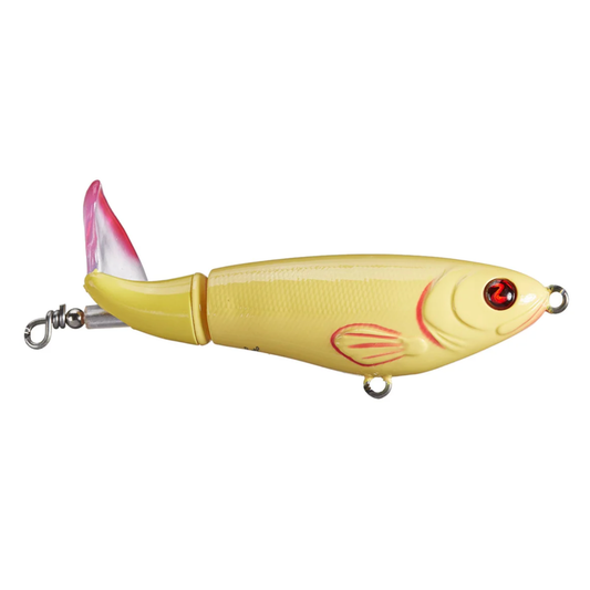 Yellow fishing lure with red and pink details on a white background