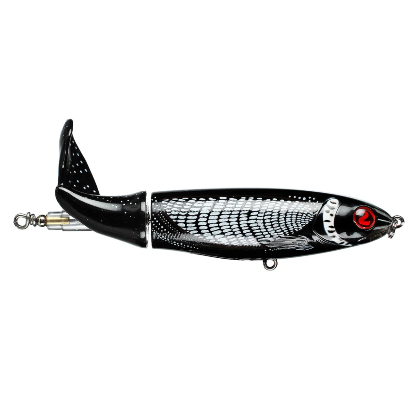 Fishing lure with black and silver design on a white background