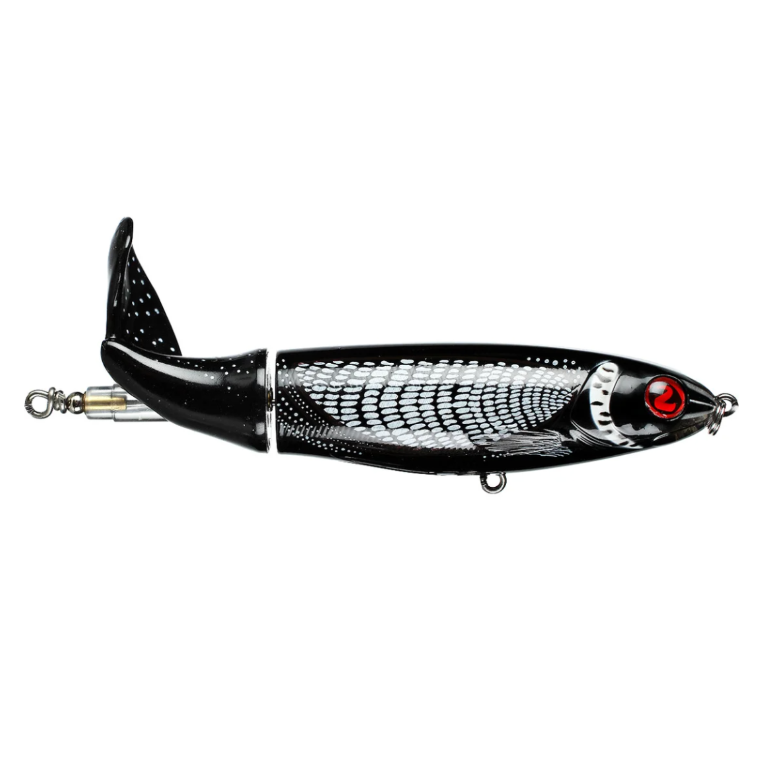 Fishing lure with black and silver design on a white background