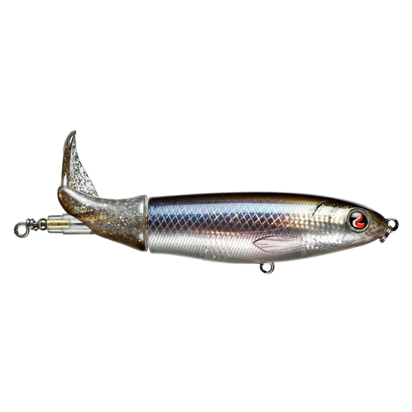 Fishing lure with metallic finish on a white background