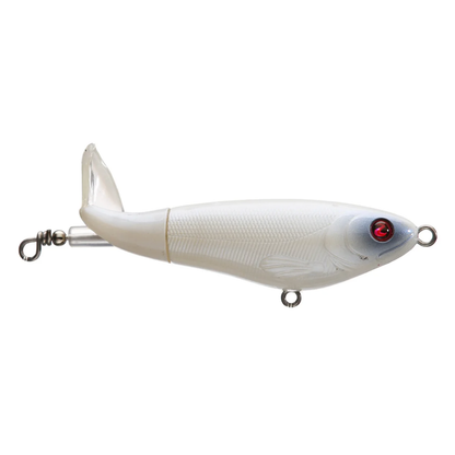 White fishing lure with a red eye on a white background