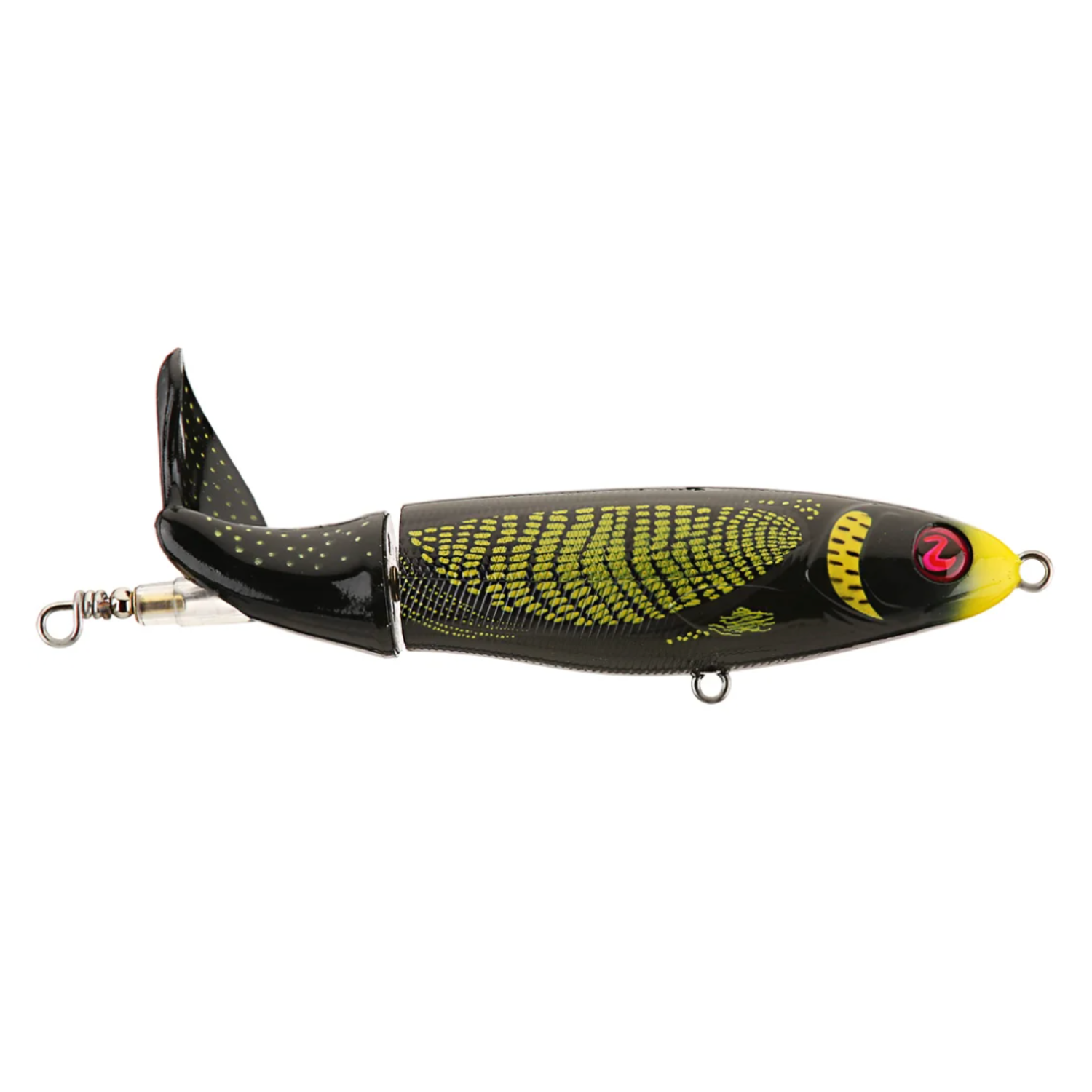 Fishing lure with black and yellow design on a white background