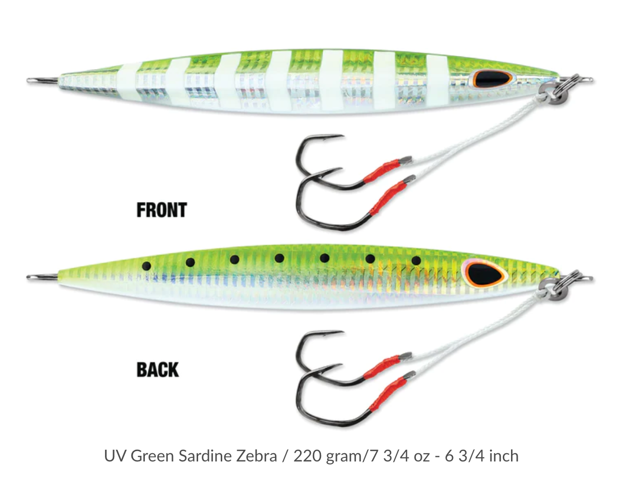 WILLIAMSON KENSAKI 220 JIG - 6.75" - 7.75OZ - UV GREEN SARDINE ZEBRA