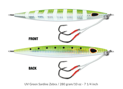 WILLIAMSON KENSAKI 280 JIG - 7.25" - 9-7/8OZ - UV GREEN SARDINE ZEBRA