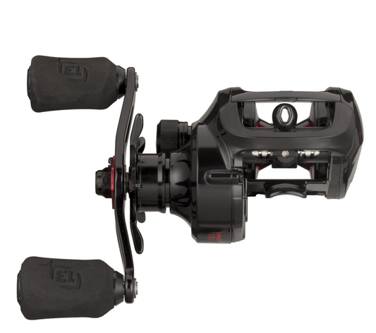 Black fishing reel with red text on a white background