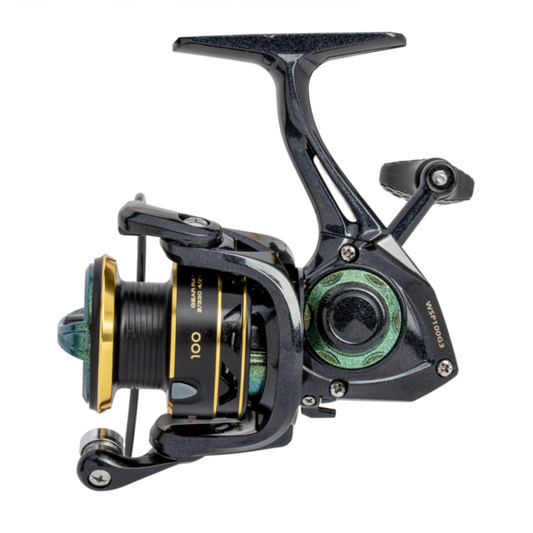 Fishing reel with black and green design on a white background