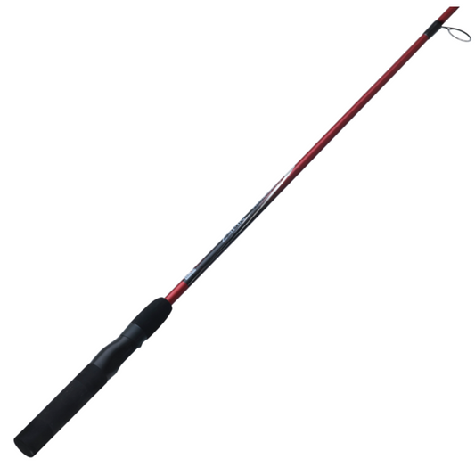 Fishing rod with black and red handle on a white background