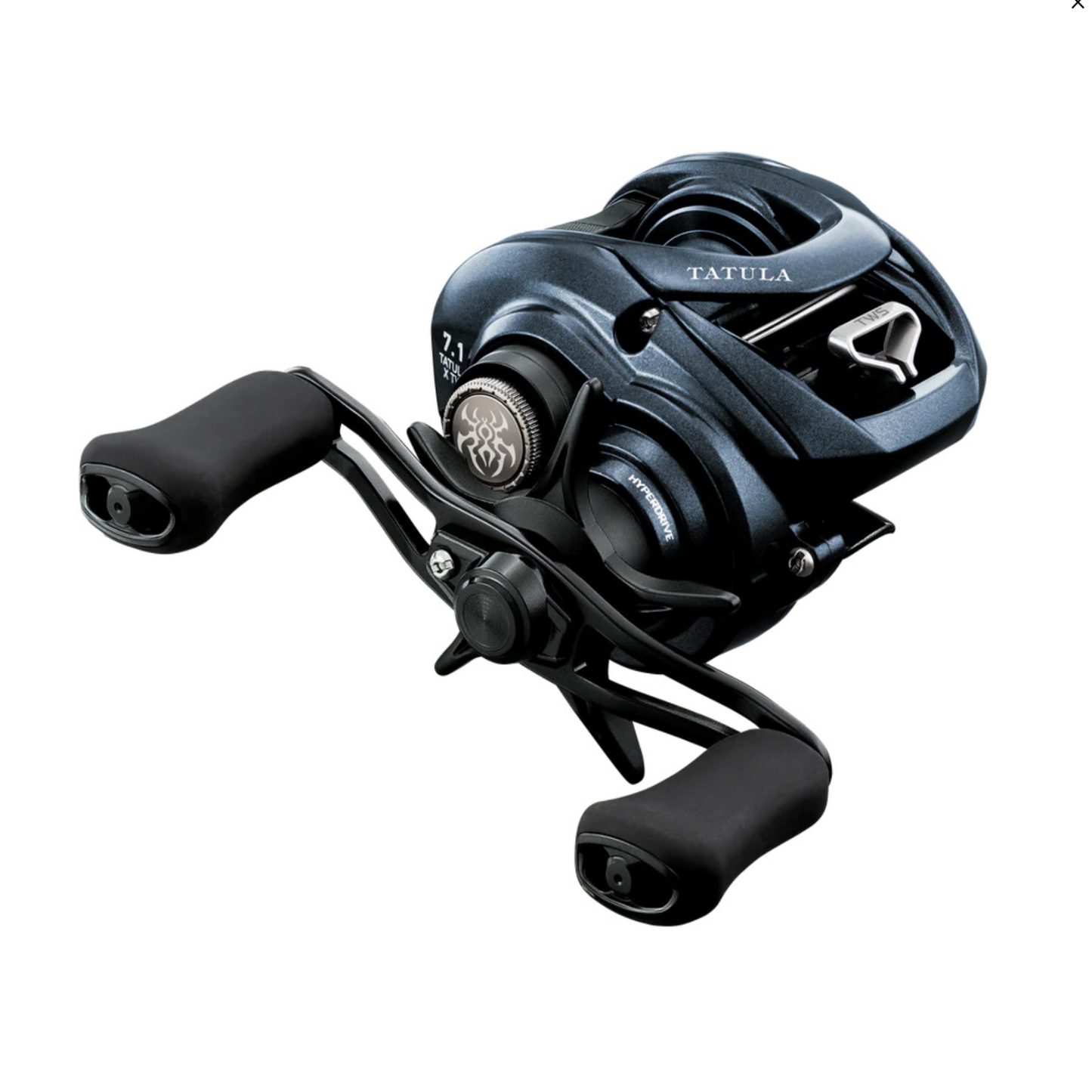 Black fishing reel with 'Tatula' branding on a white background