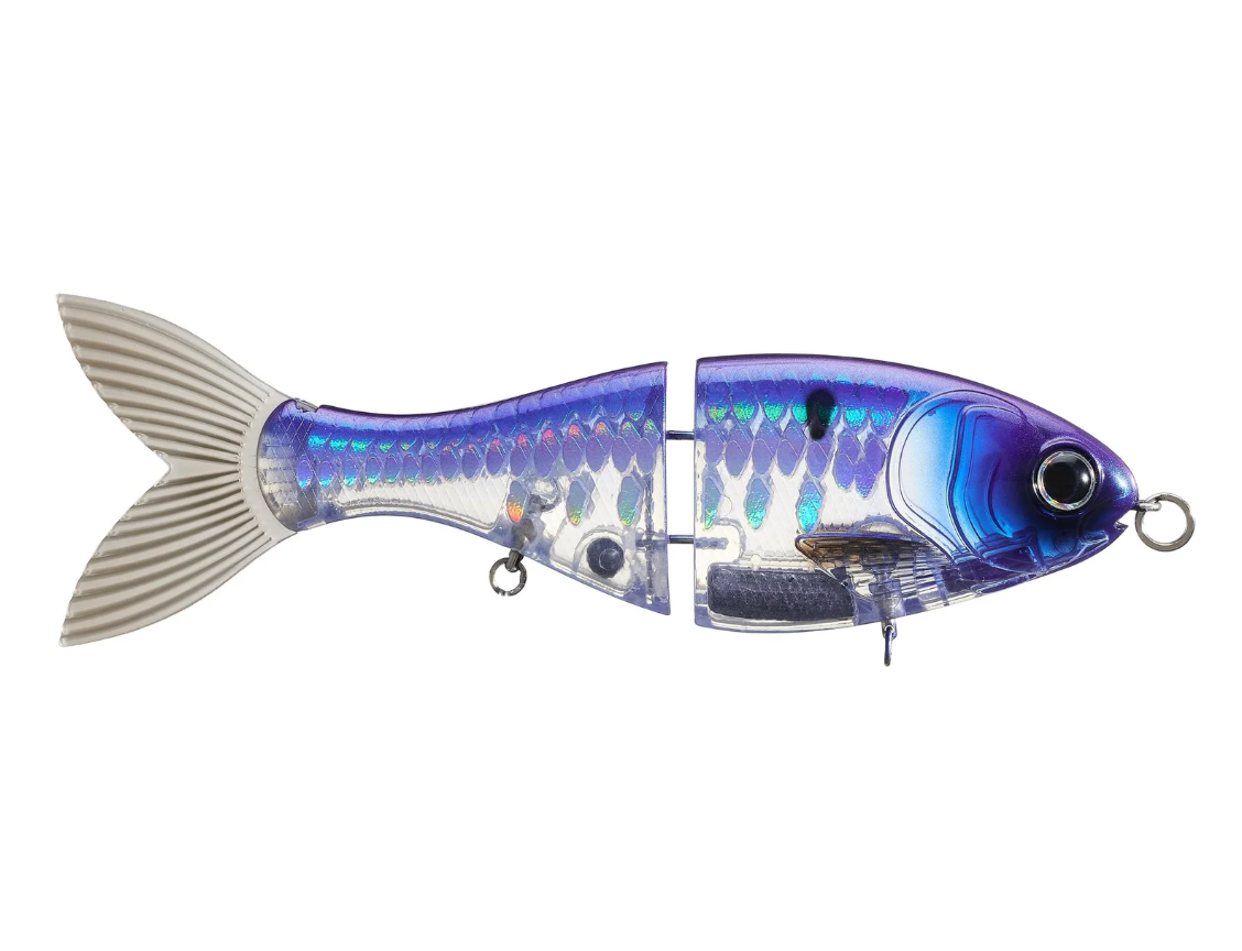 Blue and silver fishing lure shaped like a fish on a white background