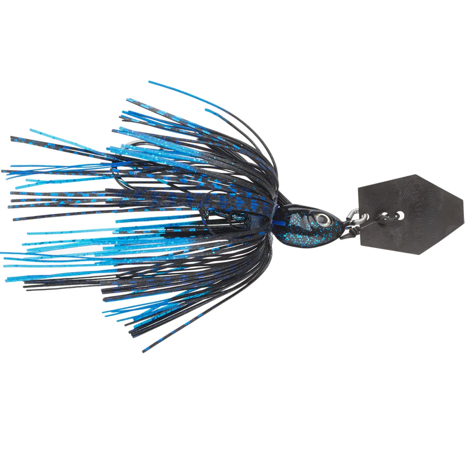 Fishing lure with blue and black skirt on a white background
