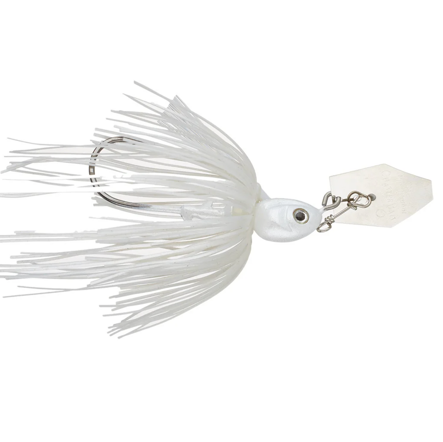 White fishing lure with a shad body on a white background