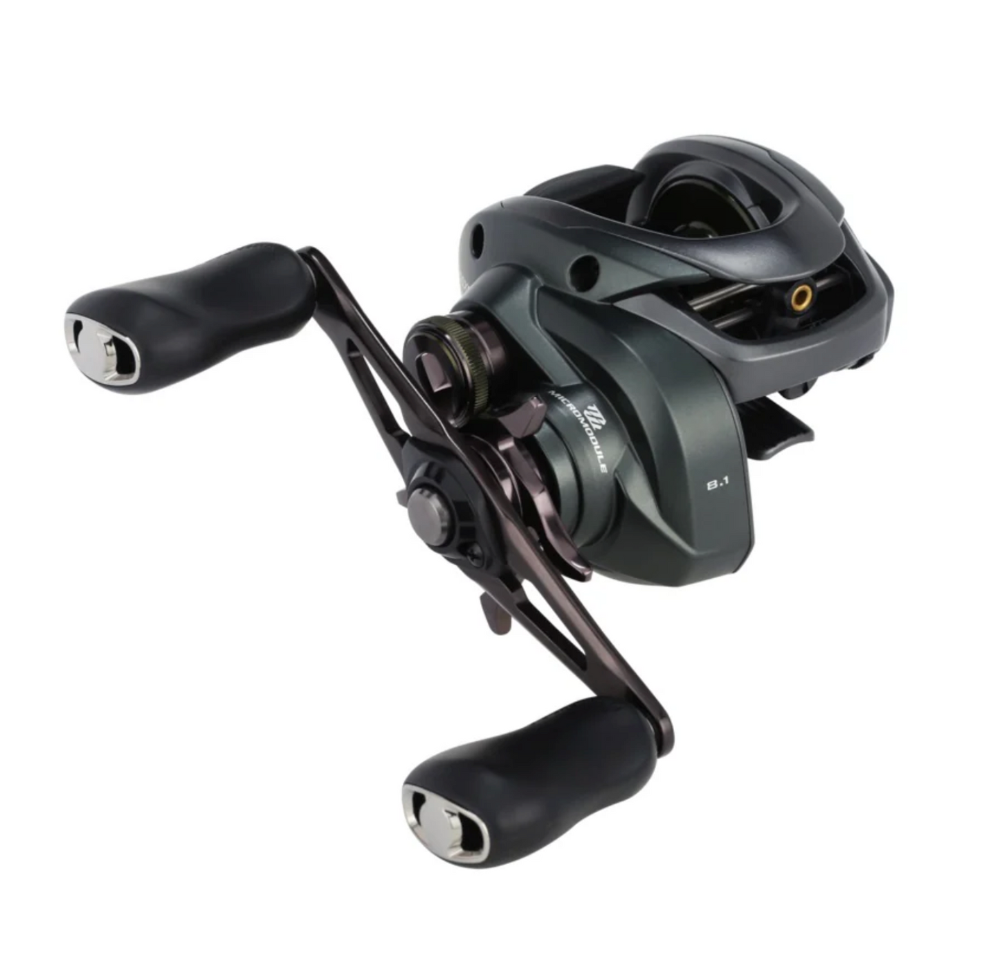 Black fishing reel on a white background