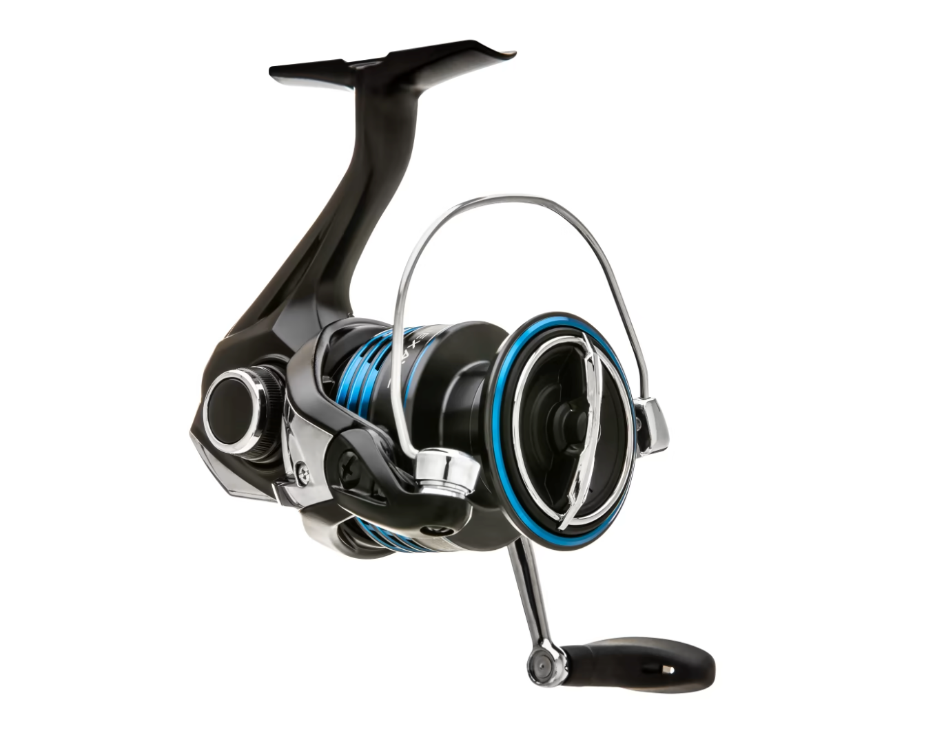 Fishing reel with black and silver design on a white background