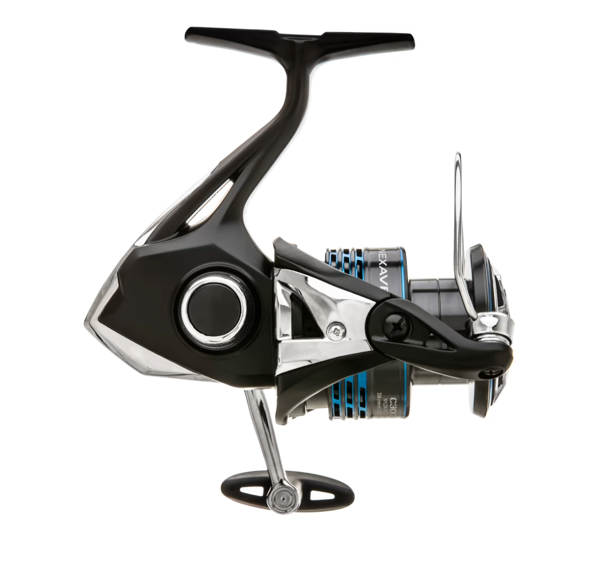 Fishing reel with black and silver design on a white background