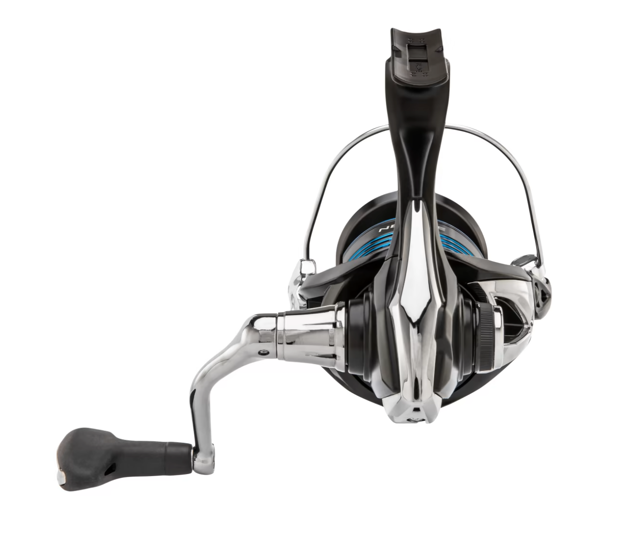 Fishing reel with black and silver design on a white background