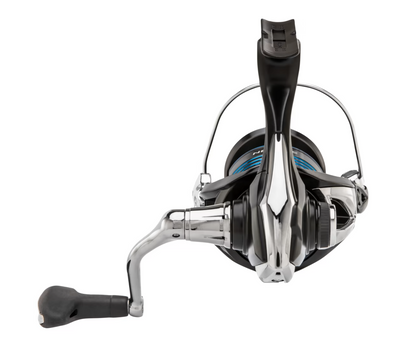 Fishing reel with black and silver design on a white background