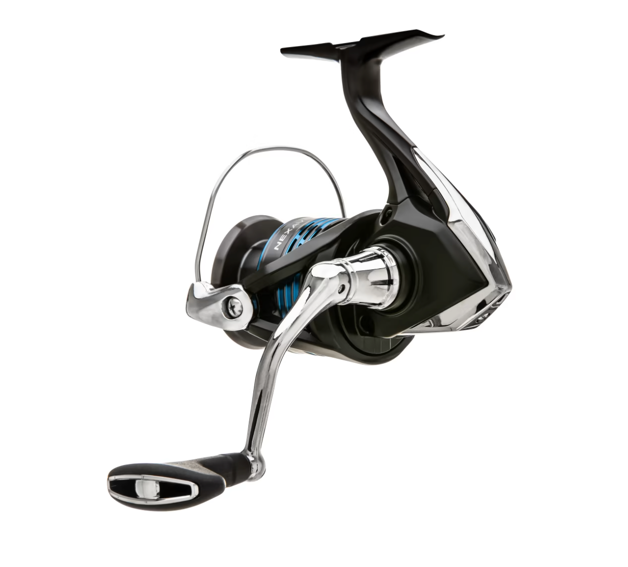 Fishing reel with black and silver design on a white background