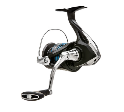 Fishing reel with black and silver design on a white background