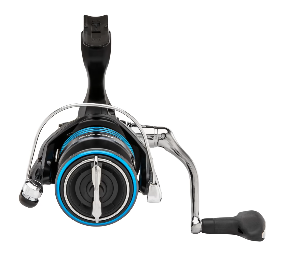Fishing reel with black and silver design on a white background