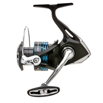 Fishing reel with black and silver design on a white background