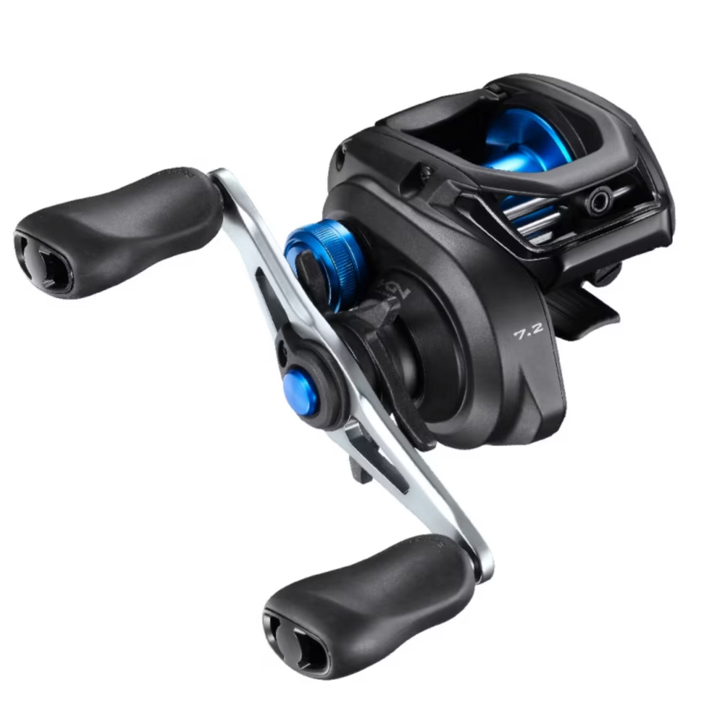 Fishing reel with black and blue design on a white background