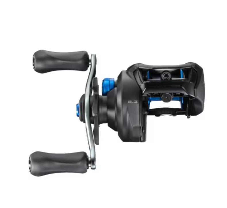 Fishing reel with black and blue design on a white background