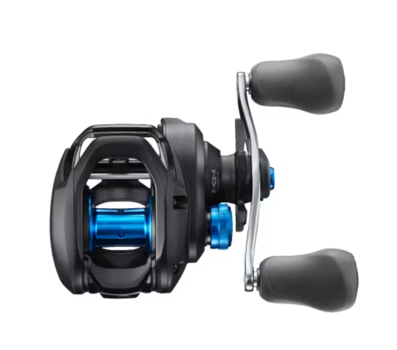Fishing reel with black and blue design on a white background