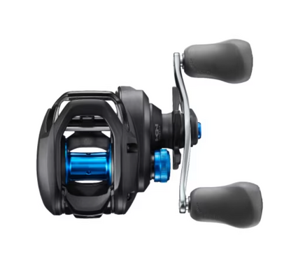 Fishing reel with black and blue design on a white background