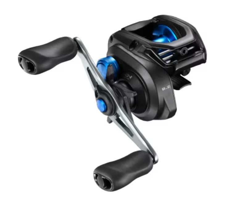 Fishing reel with black and blue design on a white background