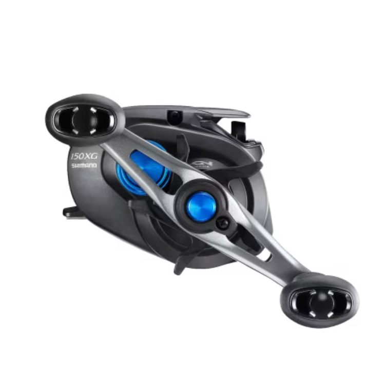 Fishing reel with black and blue design on a white background