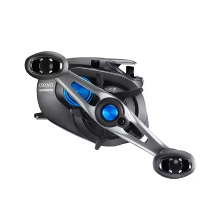 Fishing reel with black and blue design on a white background