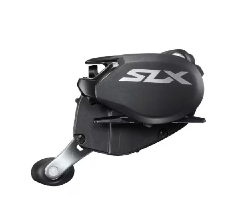 Fishing reel with black and blue design on a white background