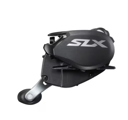 Fishing reel with black and blue design on a white background