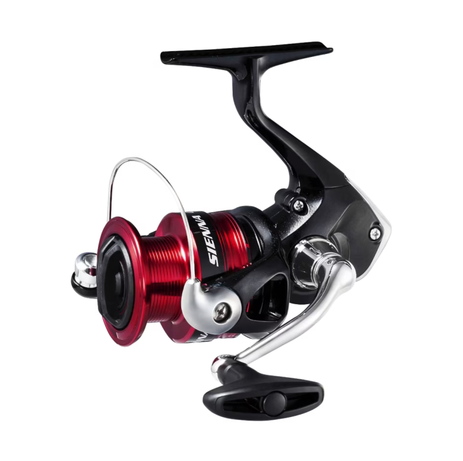 Fishing reel with red and black design on a white background