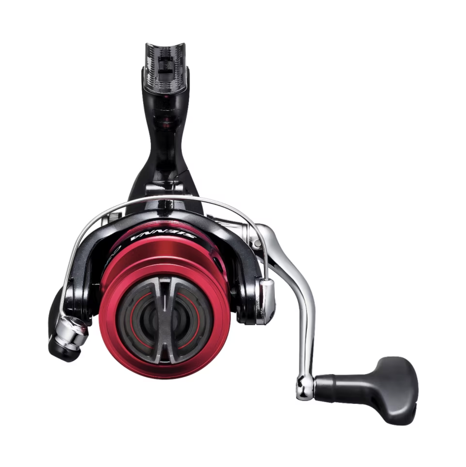 Fishing reel with red and black design on a white background