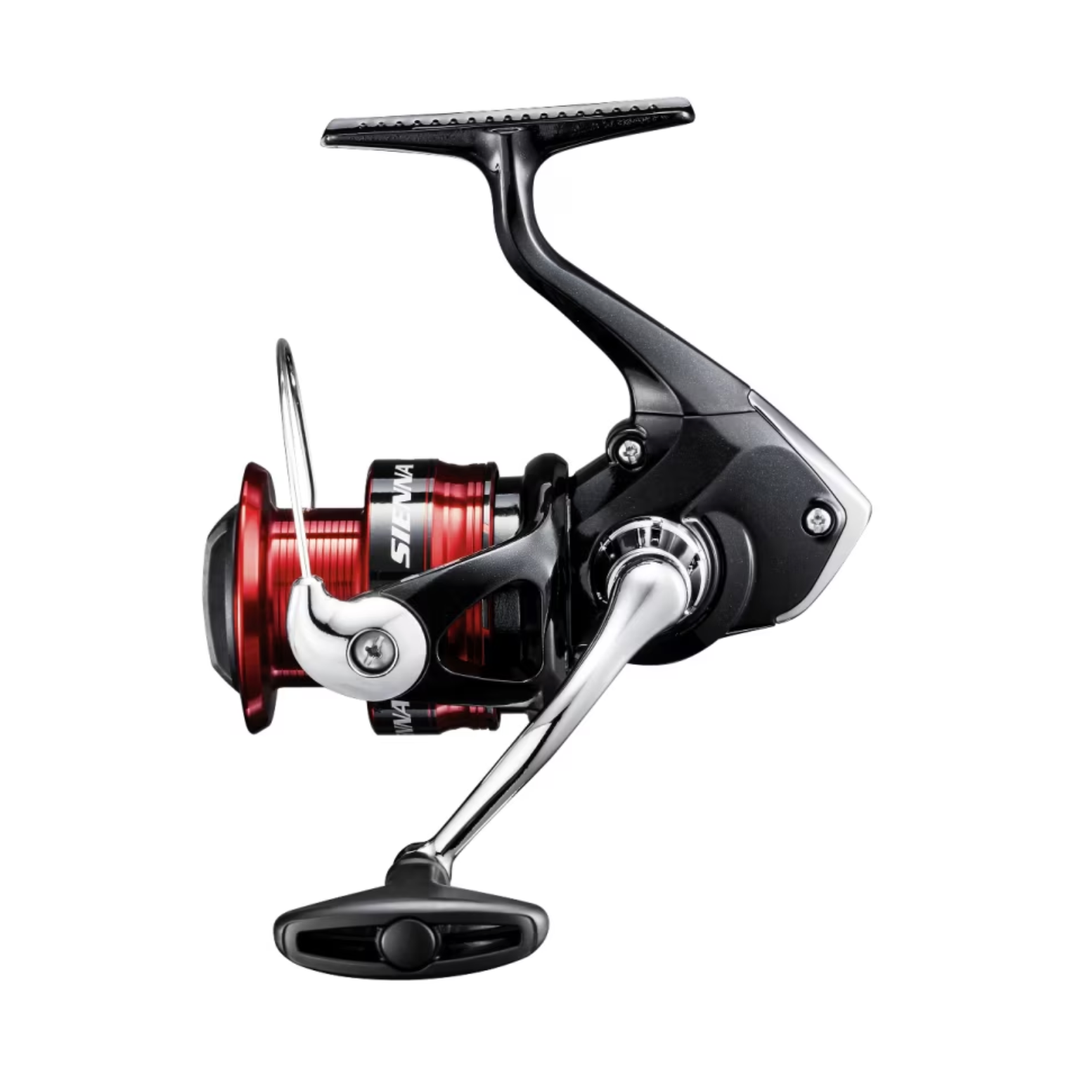Fishing reel with red and black design on a white background