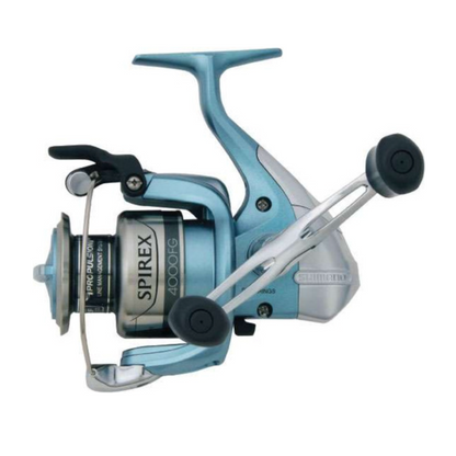 Spinning fishing reel with 'Spirox' branding on a white background