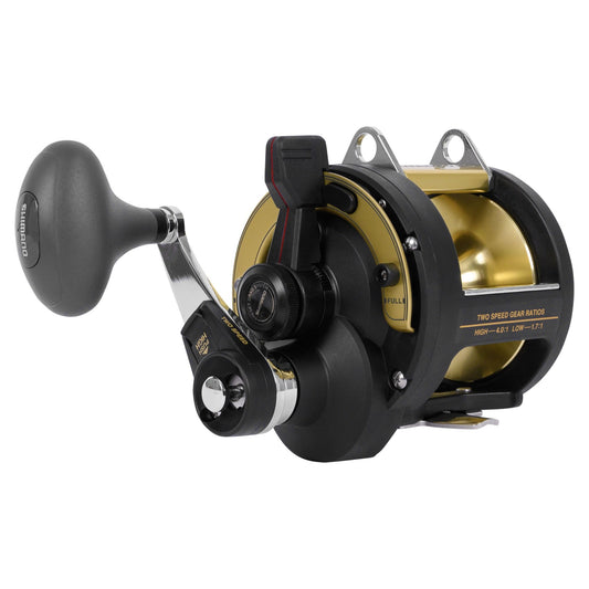 Fishing reel with black and gold design on a white background